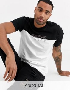 ASOS DESIGN Tall color block t-shirt with city chest embroidery-White