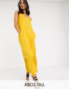 ASOS DESIGN Tall concealed pocket midi dress with tiered hem in yellow