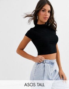 ASOS DESIGN Tall crop t-shirt with cap sleeve and high neck in black