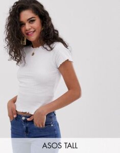 ASOS DESIGN Tall crop top in pointelle with lettuce trim-White