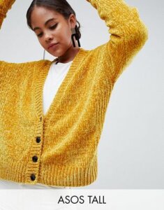 ASOS DESIGN Tall Cropped Cardigan In Chenille With Buttons-Yellow