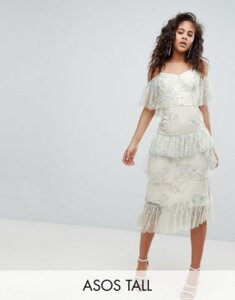 ASOS DESIGN Tall delicate lace cold shoulder midi dress with ruffles-Multi