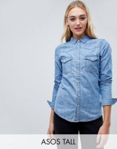 ASOS DESIGN Tall denim fitted western shirt in midwash blue