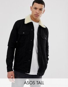 ASOS DESIGN Tall denim jacket with detachable fleece collar in black
