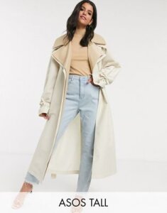 ASOS DESIGN Tall double layer oversized trench coat in stone-Beige