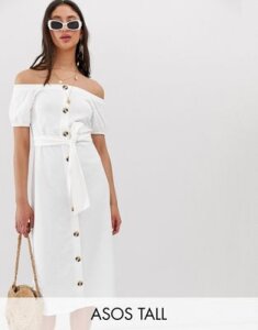 ASOS DESIGN Tall exclusive button through bardot slub midi sundress-White