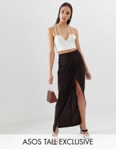 ASOS DESIGN Tall exclusive drape wrap slinky maxi skirt-Brown