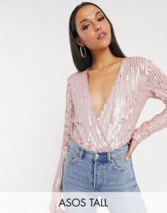 ASOS DESIGN Tall exclusive sequin embellished wrap bodysuit in pink