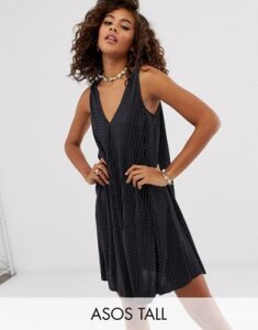ASOS DESIGN Tall exclusive sleeveless plisse mini v-neck swing dress in mono spot-Multi