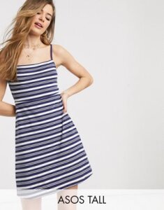 ASOS DESIGN Tall Exclusive square neck mini dress in navy stripe-Multi