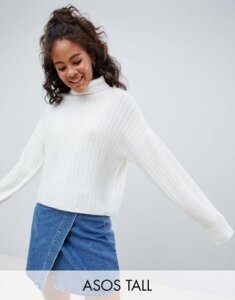 ASOS DESIGN Tall fluffy sweater in rib with roll neck-Cream