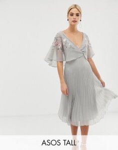 ASOS DESIGN Tall flutter sleeve midi dress with pleat skirt in embroidery-Multi