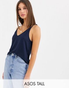 ASOS DESIGN Tall formal cami with v front and back in drapey fabric in navy-Multi