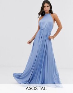 ASOS DESIGN Tall Halter Pleated Waisted Maxi Dress-Blue