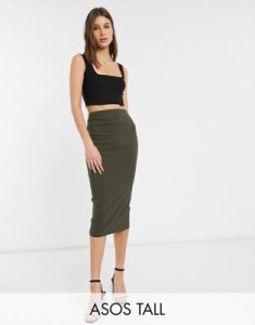 ASOS DESIGN Tall high waist longerline pencil skirt-Green