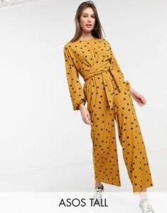 ASOS DESIGN tall jersey x front wrap long sleeve jumpsuit in brown spot print-Multi