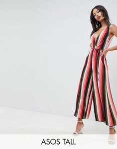 ASOS DESIGN Tall jumpsuit with wrap front in multi stripe print