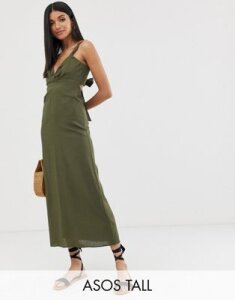 ASOS DESIGN Tall knot front linen maxi dress with tie back-Green