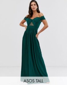 ASOS DESIGN Tall lace and pleat bardot maxi dress-Green