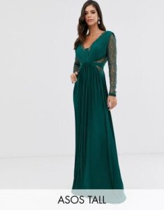 ASOS DESIGN Tall lace and pleat long sleeve maxi dress-Green