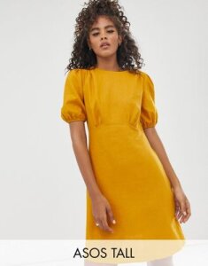 ASOS DESIGN Tall linen mini dress with puff sleeves-Yellow