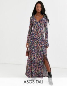 ASOS DESIGN Tall long sleeve button through maxi tea dress in print-Multi