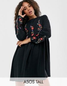 ASOS DESIGN Tall long sleeve embroidered smock mini dress-Black