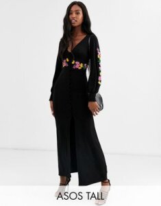 ASOS DESIGN Tall long sleeve maxi embroidered tea dress-Black