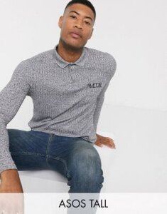ASOS DESIGN Tall long sleeve polo shirt in interest rib and embroidery-Gray