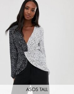 ASOS DESIGN Tall long sleeve twist front top in mixed mono print-Multi