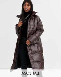 ASOS DESIGN Tall longline leather look puffer coat in chocolate-Brown
