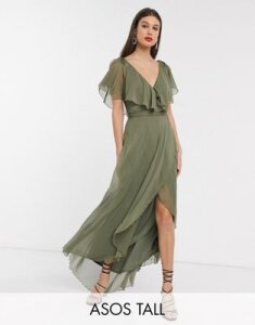 ASOS DESIGN Tall maxi split sleeve cape back with tie shoulder-Green