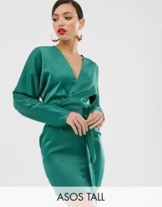 ASOS DESIGN Tall mini dress with batwing sleeve and wrap waist in satin-Multi