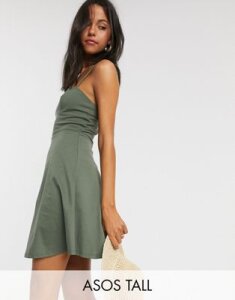 ASOS DESIGN Tall mini square neck sundress with cup seams in khaki-Green
