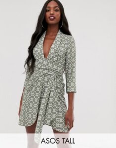 ASOS DESIGN Tall mini tux dress with ruched sleeve in monogram print-Multi
