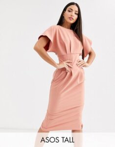 ASOS DESIGN Tall nipped in waist midi pencil dress-Pink