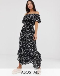 ASOS DESIGN Tall off shoulder beach maxi dress with ruffle in polka dot-Multi
