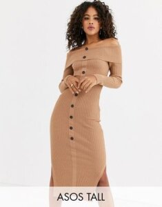 ASOS DESIGN Tall off shoulder midi dress with button detail-Stone