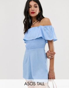 ASOS DESIGN Tall off shoulder ruffle romper with shirring-Blue