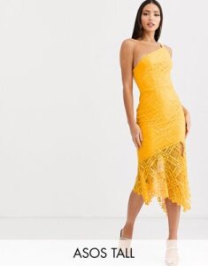 ASOS DESIGN Tall one shoulder grid lace midi dress-Yellow