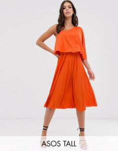 ASOS DESIGN Tall one shoulder pleated crop top midi dress-Orange