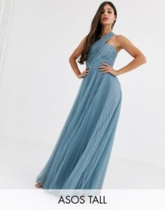 ASOS DESIGN Tall one shoulder tulle wired hem maxi dress-Blue