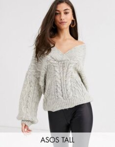ASOS DESIGN Tall oversized v neck chunky cable sweater-Gray