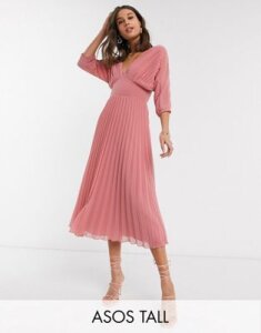 ASOS DESIGN Tall pleated midi dress with batwing sleeves in tea rose-Pink