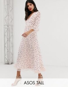 ASOS DESIGN Tall pleated midi dress with lace inserts in polka dot-Multi