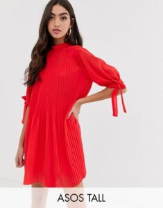 ASOS DESIGN Tall pleated trapeze mini dress with tie sleeves-Red