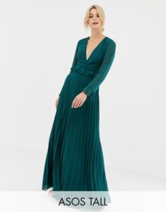 ASOS DESIGN Tall pleated wrap maxi dress with ruffle-Green