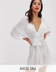 ASOS DESIGN Tall plunge tie waist kimono sleeve crinkle beach cover up in white