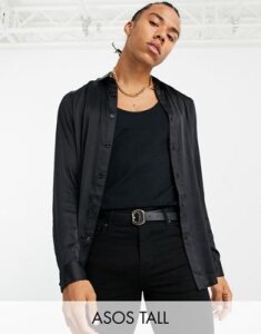 ASOS DESIGN Tall regular fit satin shirt in black