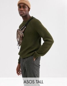 ASOS DESIGN Tall ribbed sweater with raglan sleeve in khaki-Green